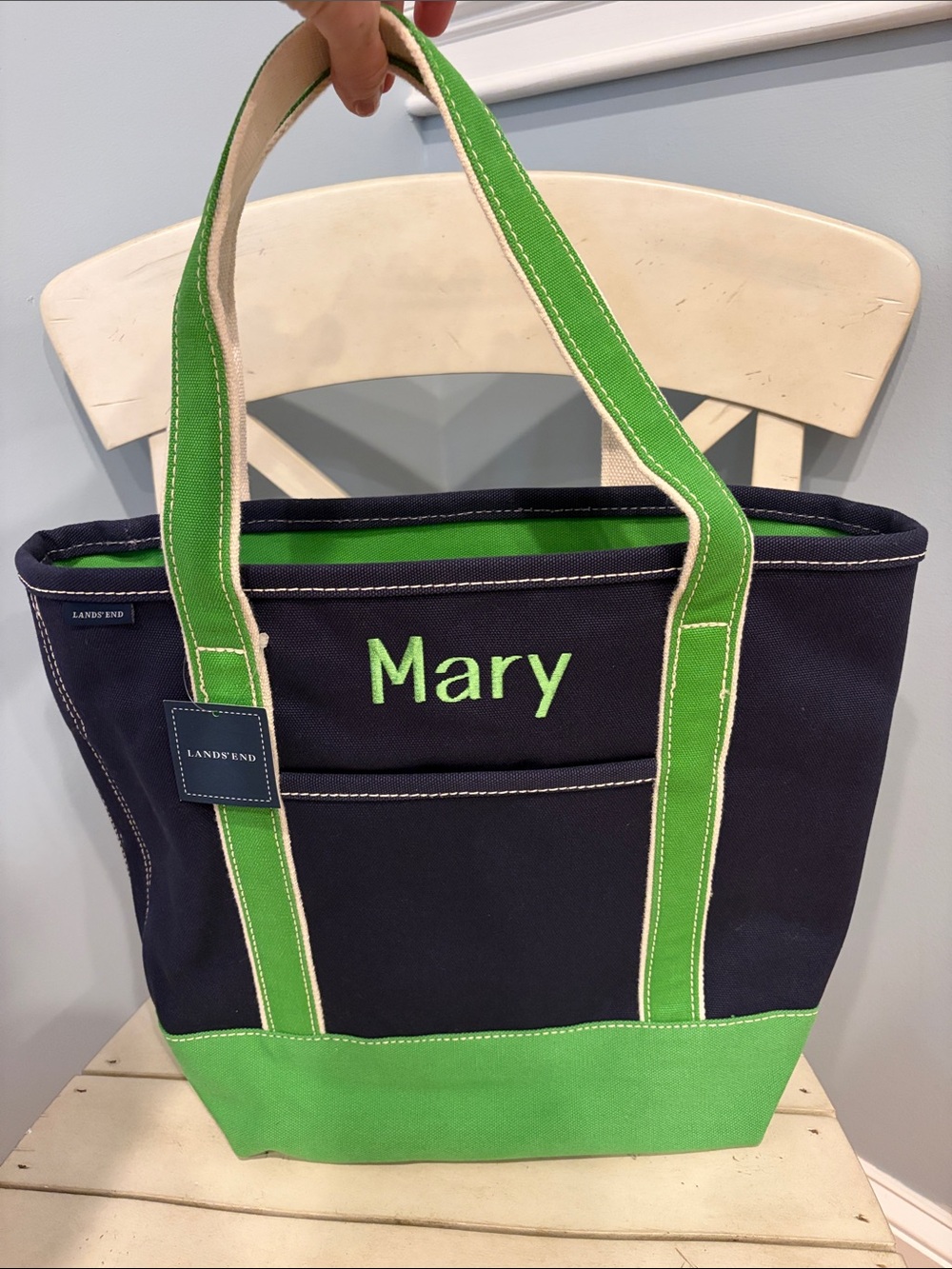 Lands' End Medium Navy and Green Canvas Tote - Personalized 'Mary'